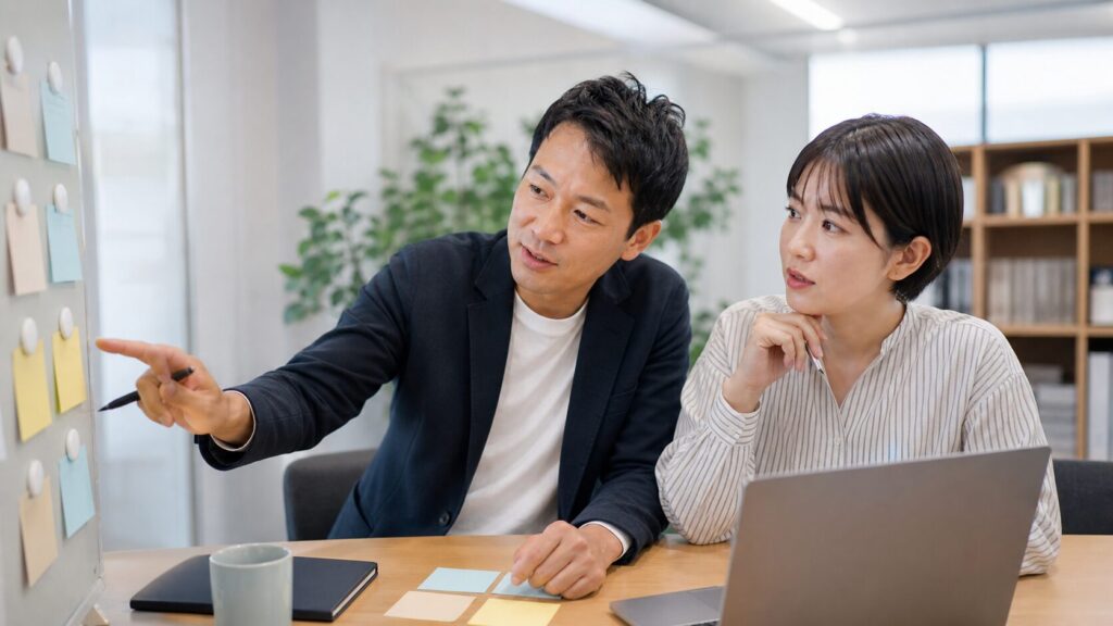 仕事の変化への対応手順を一緒に整理する管理職とメンバー