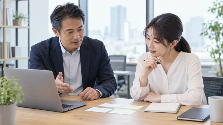 AI導入後の仕事と役割について相談する管理職とメンバー（AI生成のイメージ画像）