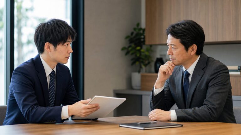 上司との仕事の進め方について落ち着いて相談する会社員