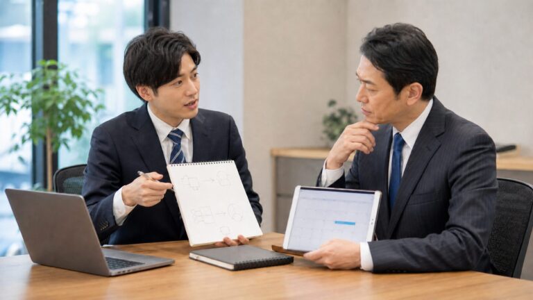 上司の曖昧な指示を二つの案に整理して確認するビジネスパーソン