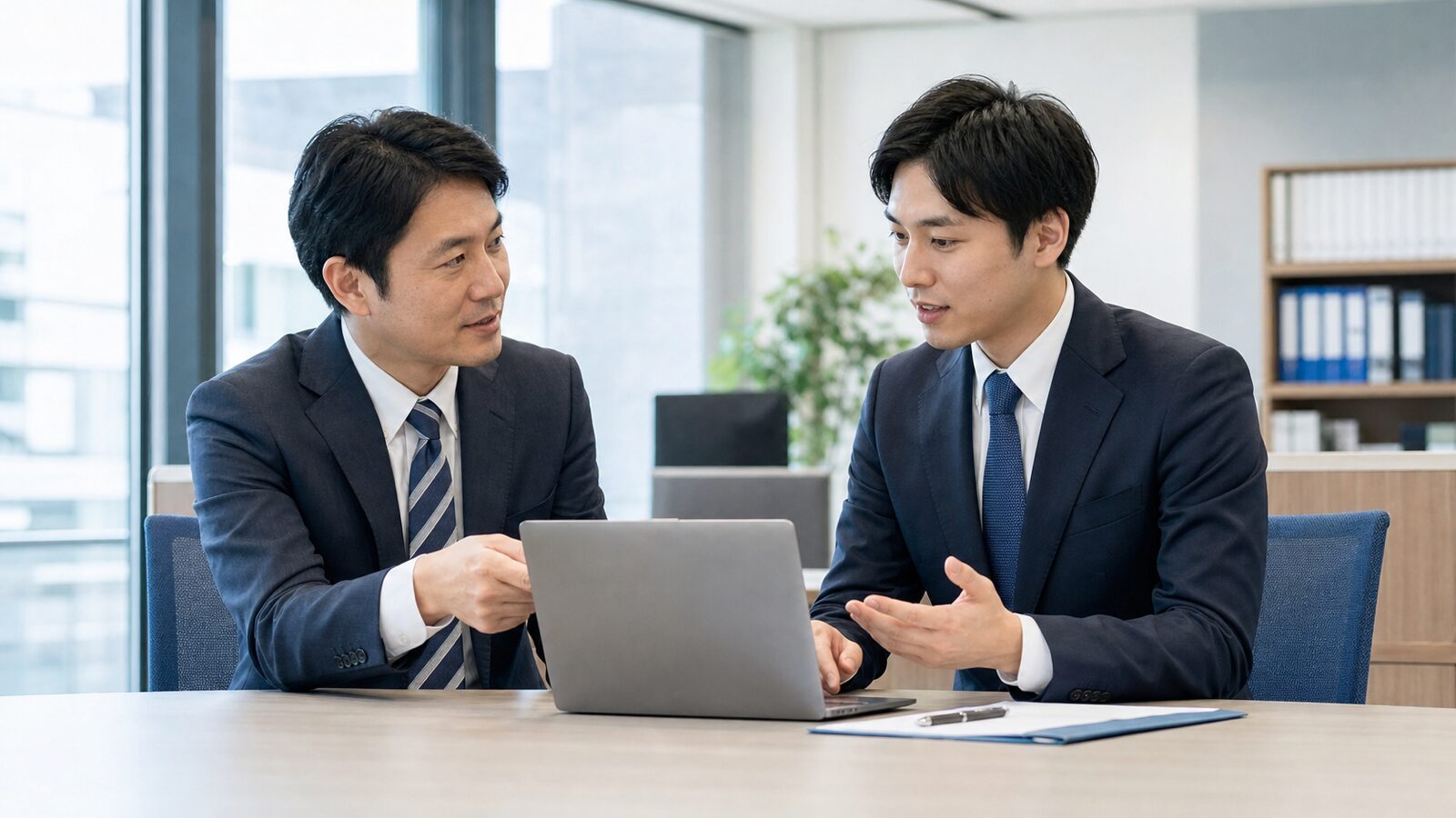 管理職と部下が仕事の指示内容と進め方を確認している場面