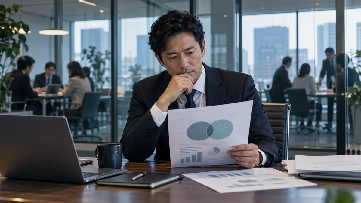 合併の説明資料を読み、今後の仕事を考える会社員のイメージ