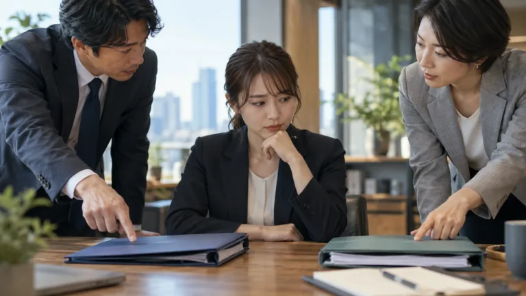 二人の上司から異なる案件を示され、優先順位を考える担当者のイメージ