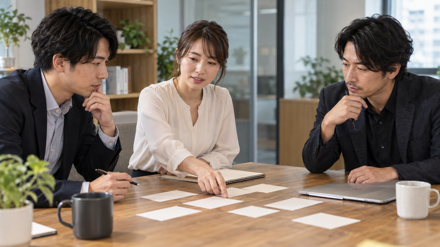 異なる部署の担当者が依頼内容を調整するイメージ（AI生成）