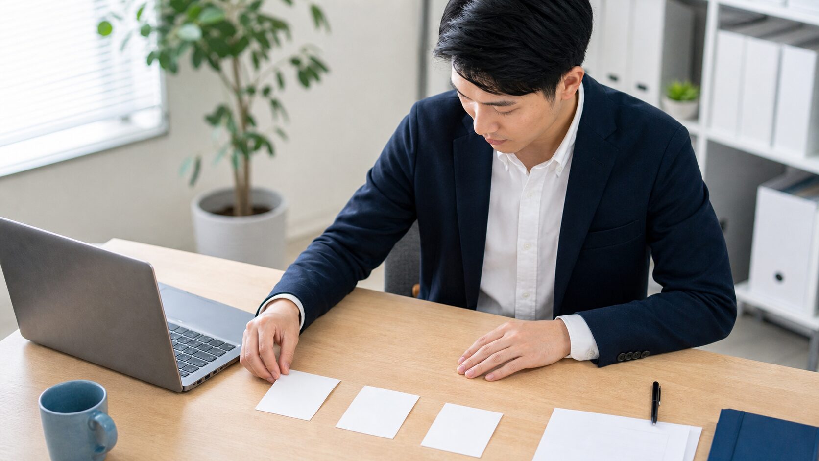 3つの判断基準を整理して選択肢を比較するビジネスパーソン