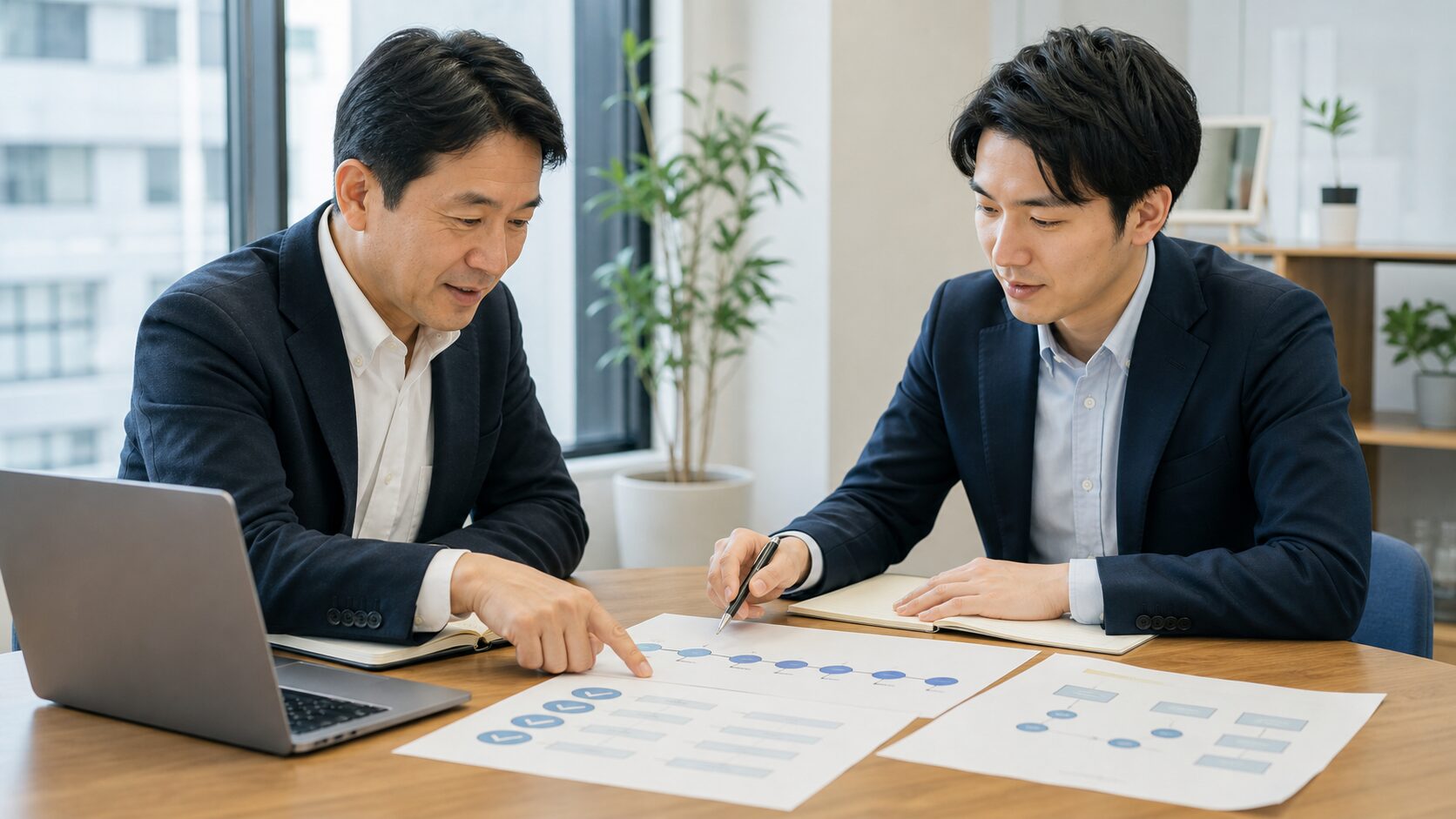 仕事を任せる手順を一緒に確認する上司と部下