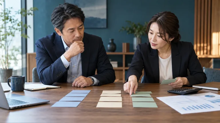 予算資料を見ながら施策の優先順位を相談するイメージ