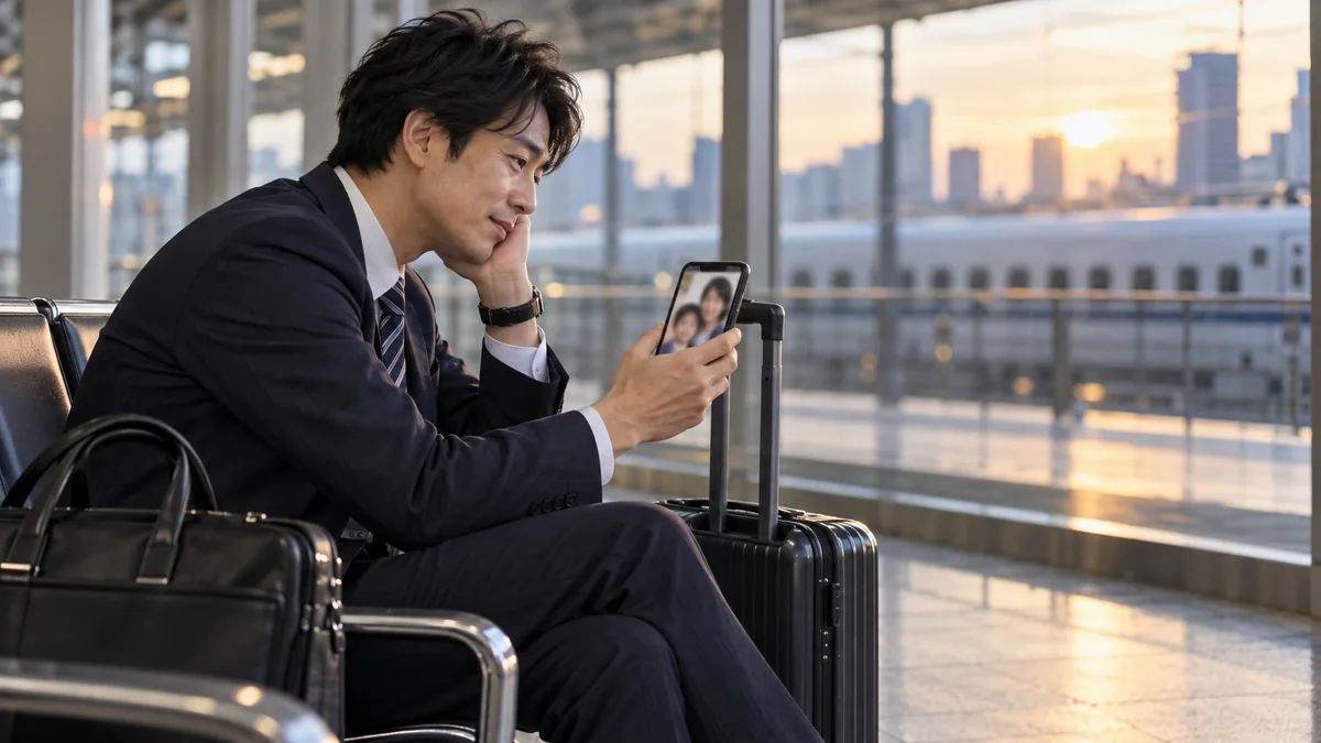 出張先の駅で家族とビデオ通話をする会社員のイメージ（AI生成）