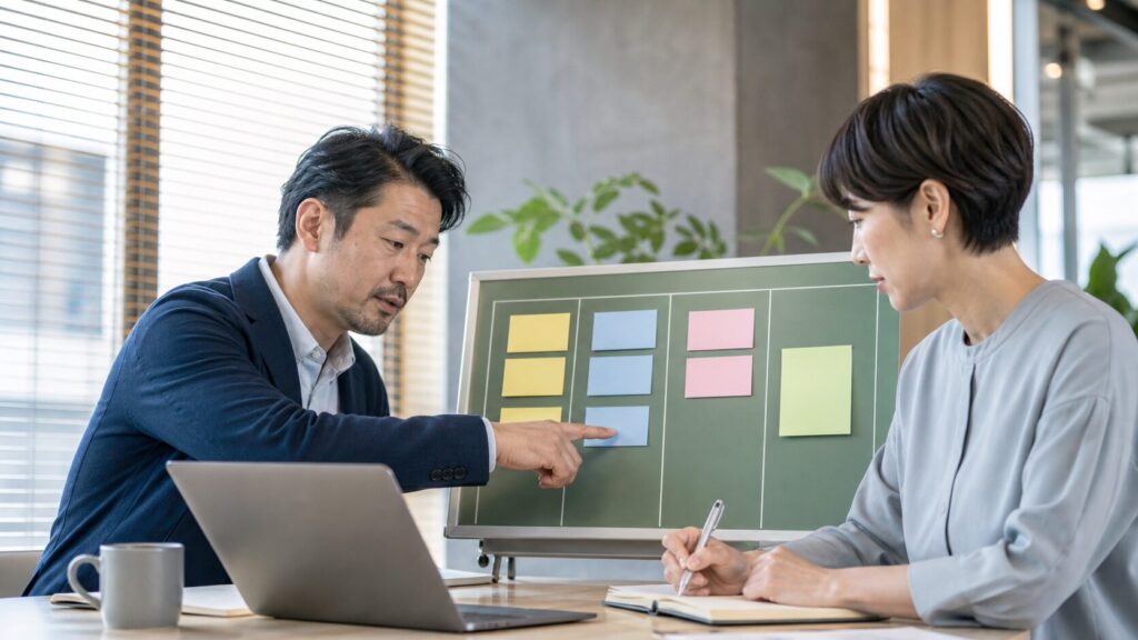 仕事の進捗と次の行動を一緒に確認する上司と部下