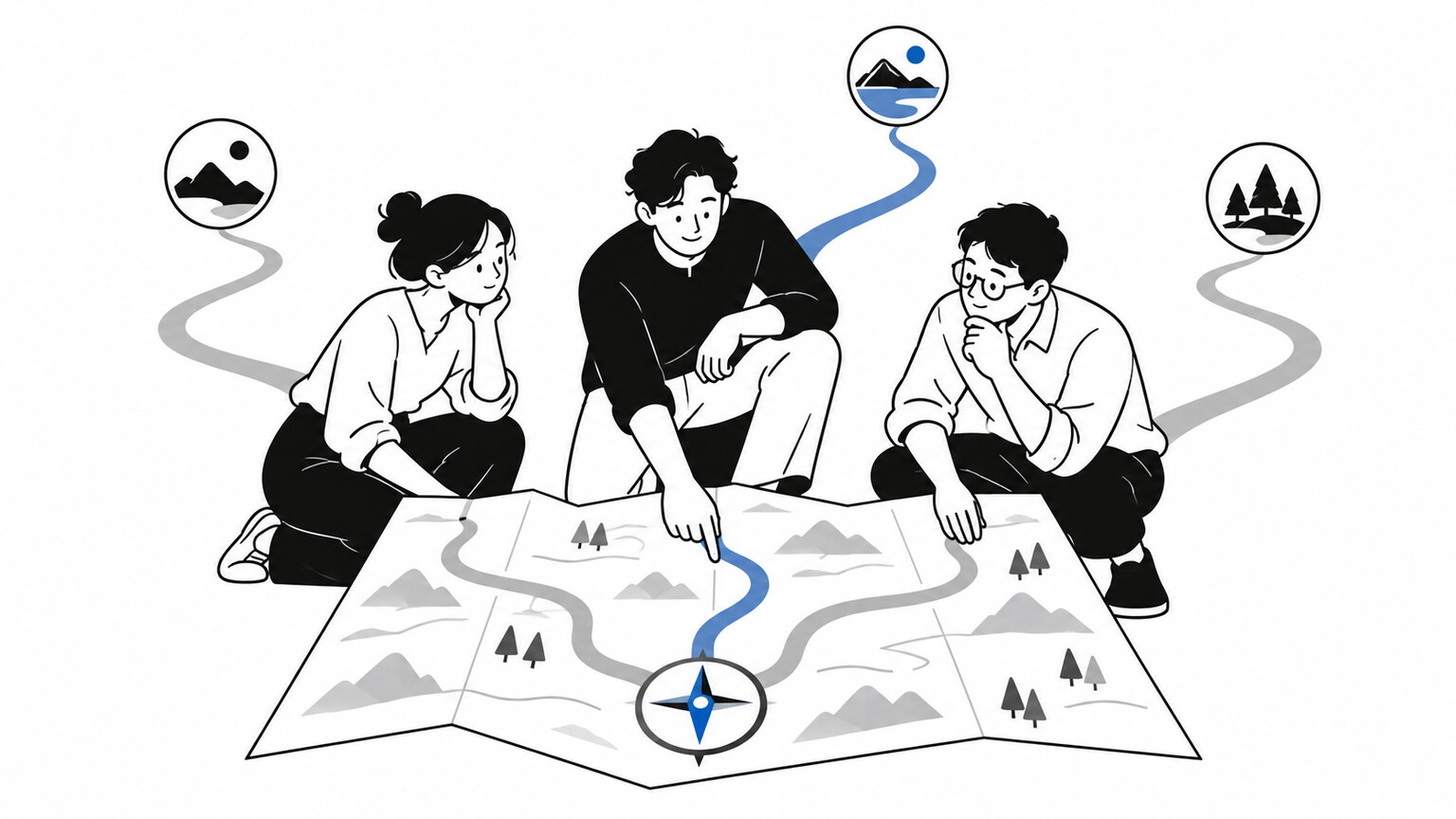 地図を囲み、進む道を話し合う3人のチーム（AI生成イラスト）