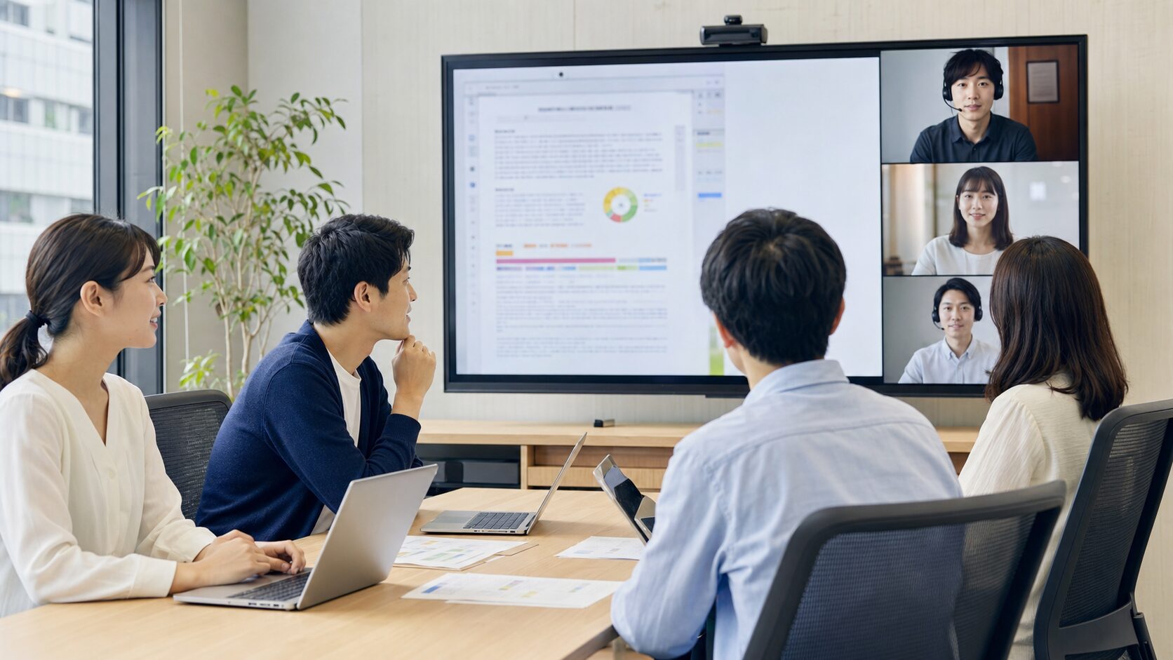オンラインとオフィスの情報格差をなくすために話し合うチーム