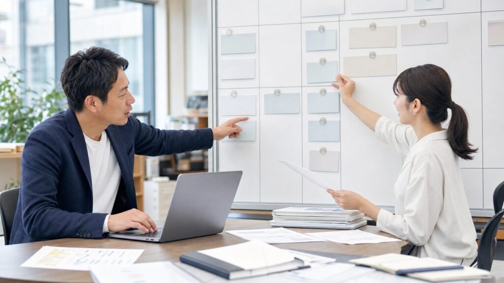 職場の情報共有ルールを確認する管理職とメンバー