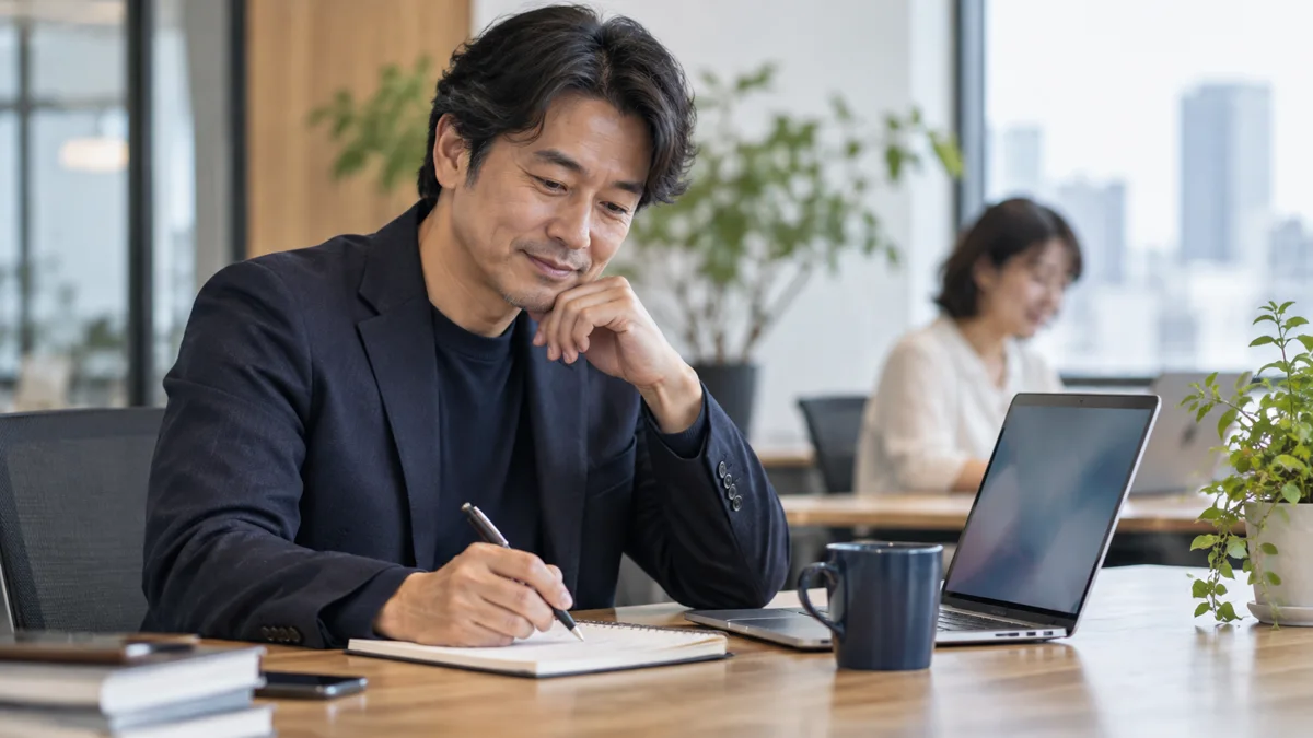常駐先のオフィスで仕事の成果を振り返るITエンジニア（AI生成のイメージ画像）