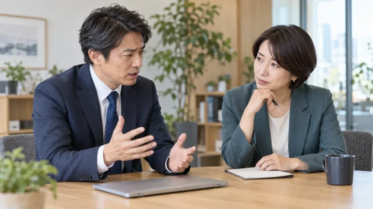 顧客からの要求への対応を上司に相談する会社員（AI生成のイメージ画像）