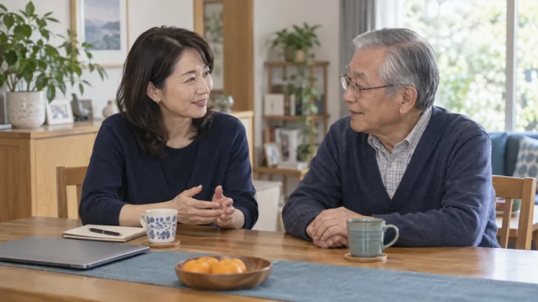 仕事と親の介護を両立するために家族で話し合う場面（AI生成のイメージ画像）
