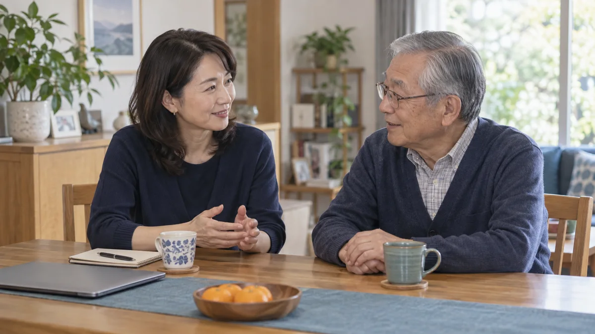 仕事と親の介護を両立するために家族で話し合う場面（AI生成のイメージ画像）