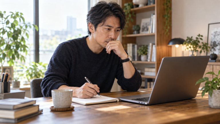 企業口コミをノートと照合する社会人のイメージ（AI生成）