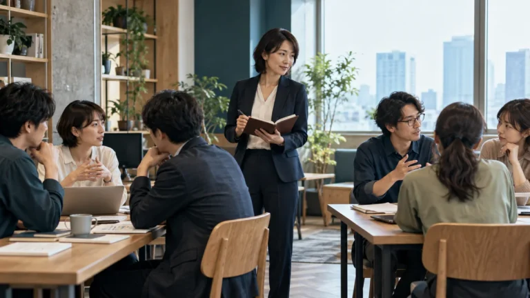 二つのチームの間で仕事を調整する管理職のイメージ