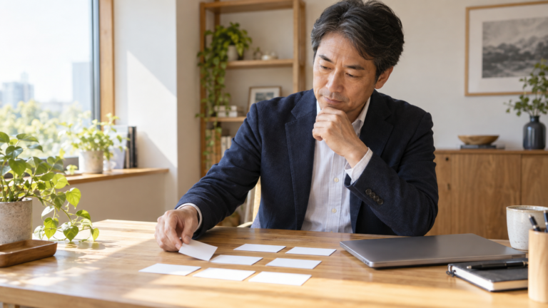 管理職が自分の業務を棚卸しするイメージ（AI生成）