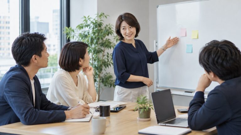 管理職がチームの会議を進行し論点を整理するイメージ画像
