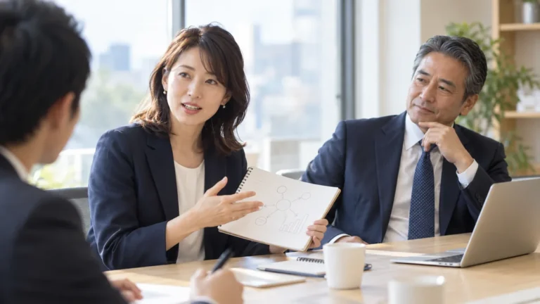 自分の考えを説明するリーダー候補と、話を聞く上司や同僚（AI生成のイメージ画像）