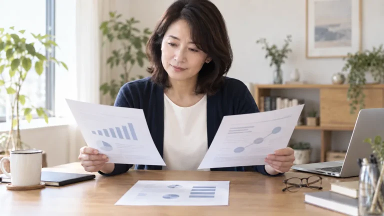 机で二つの資料を見比べながら今後の仕事を考える管理職（AI生成のイメージ画像）