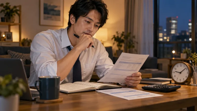 自宅で給与明細と家計を確認する会社員のイメージ