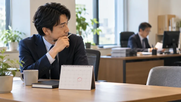 休暇の予定を考えながら上司への相談をためらう社員のイメージ