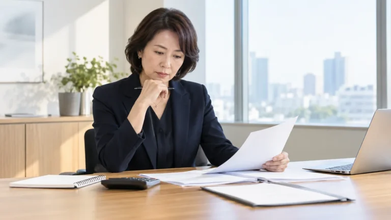 責任と待遇の資料を見直す管理職のイメージ（AI生成）