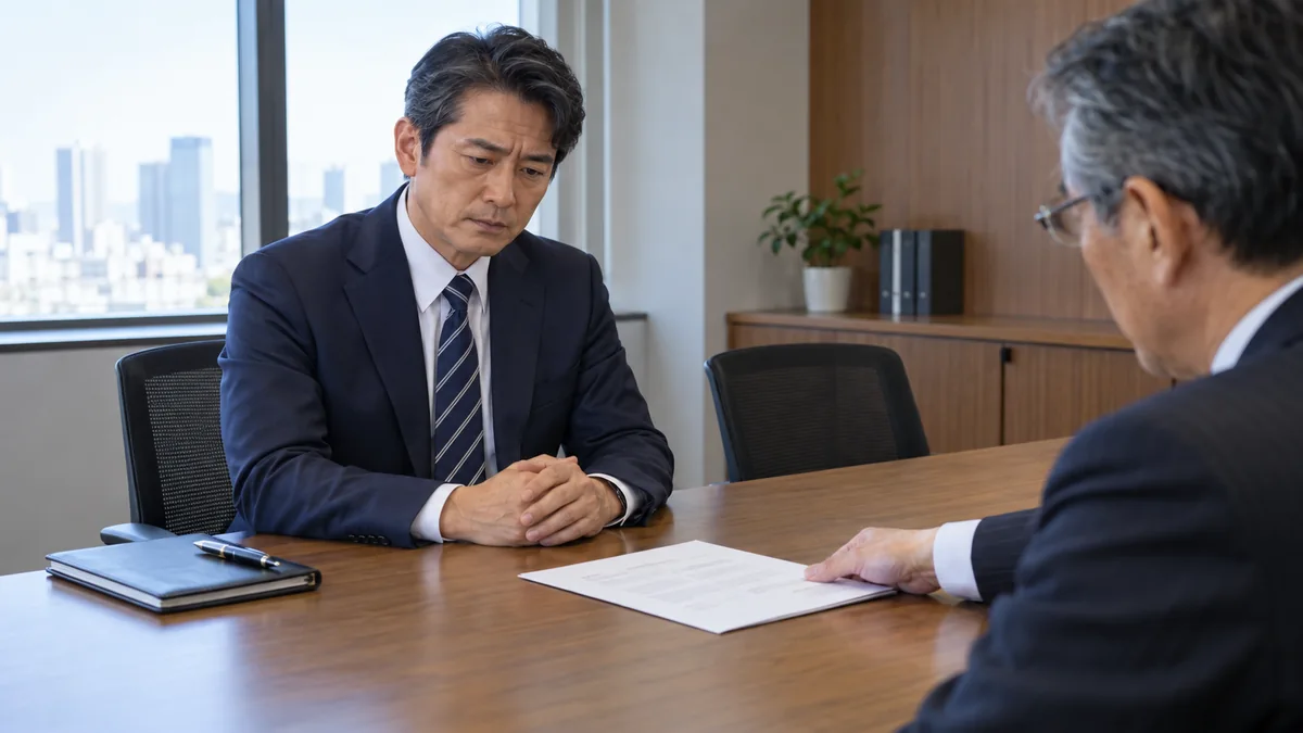 役職変更について上司から説明を受ける管理職のイメージ（AI生成）
