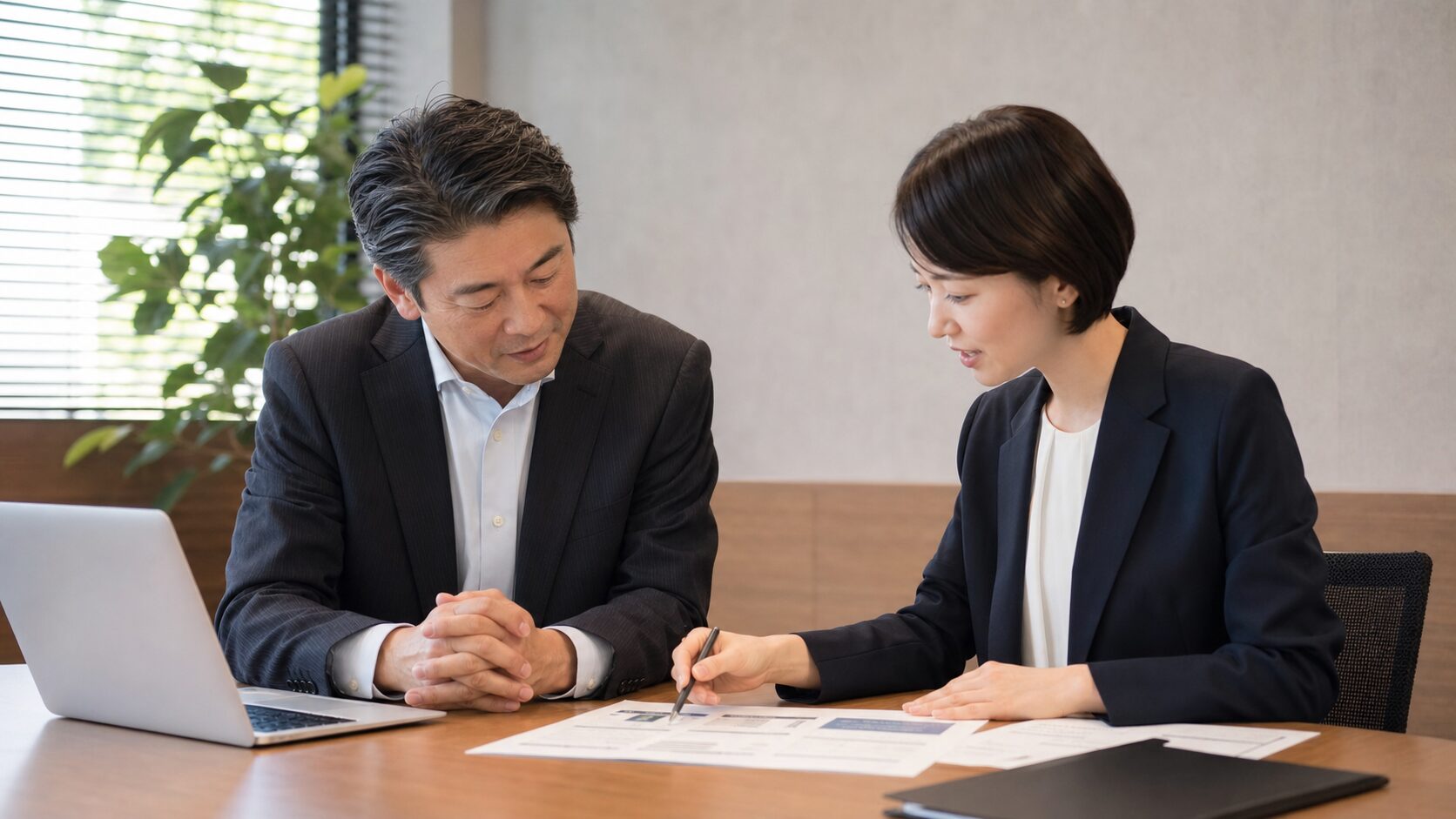 管理職の職務経歴書についてキャリア担当者から助言を受けるビジネスパーソン