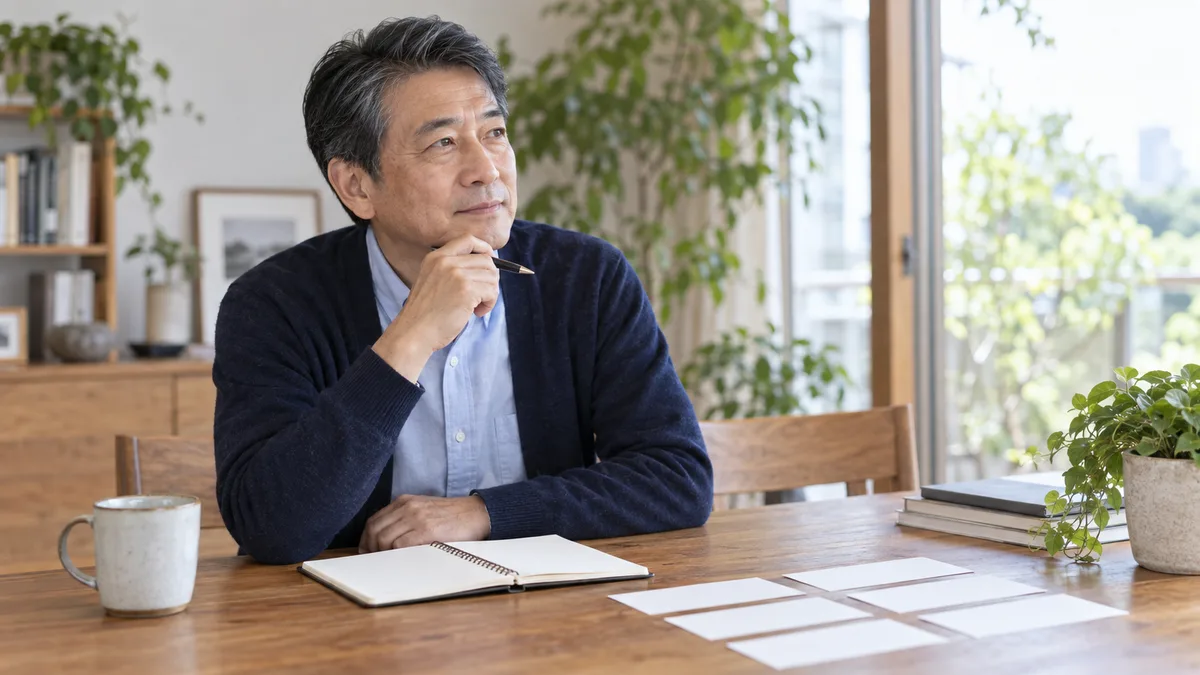 今後の働き方を整理する人物のイメージ（AI生成）