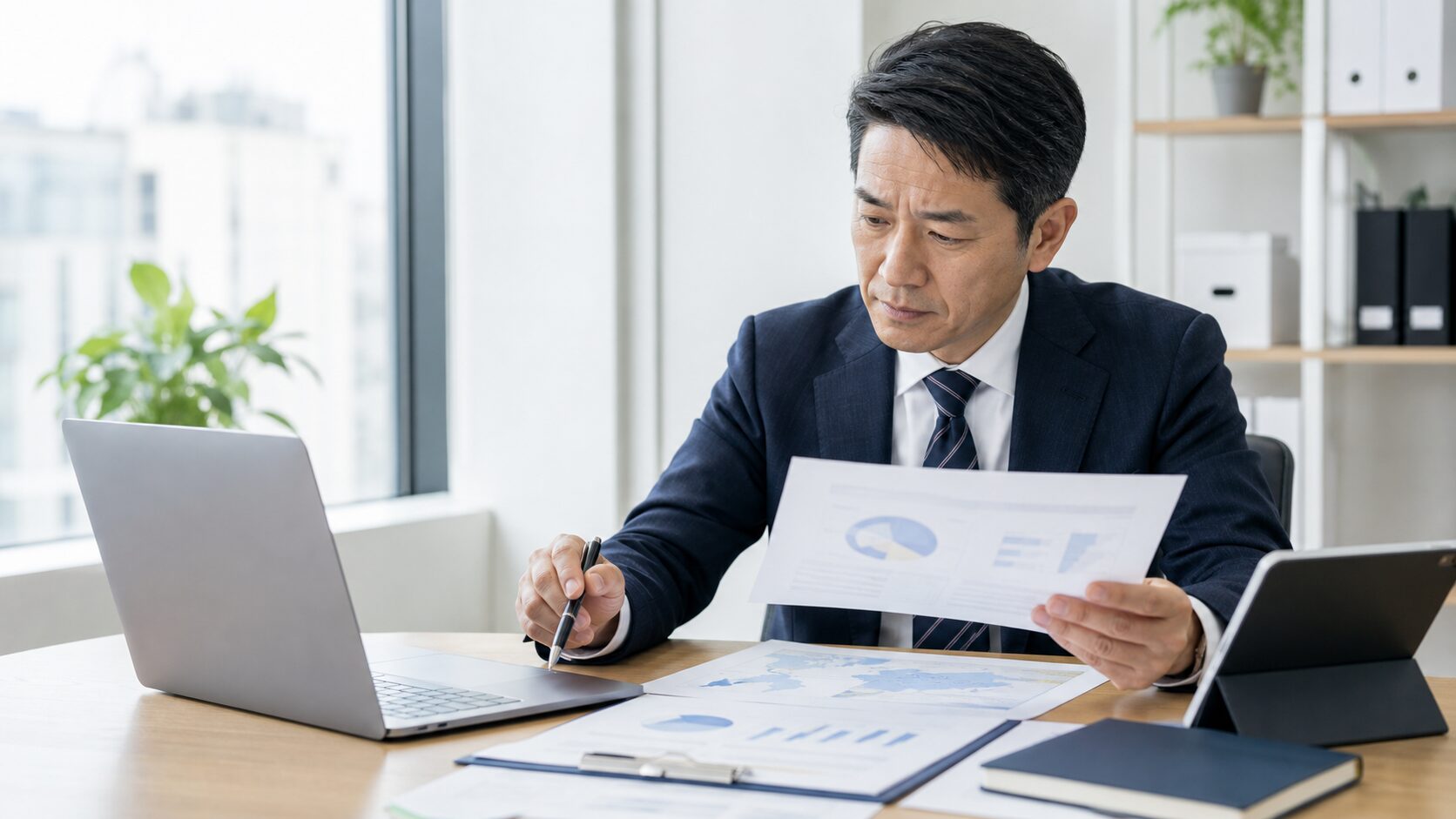複数の情報源を比較して信頼性を確認するビジネスパーソン