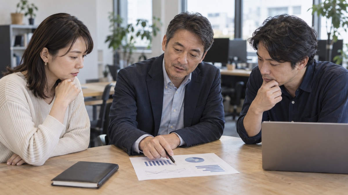 チームの指標と目標を確認する管理職とメンバーのイメージ画像