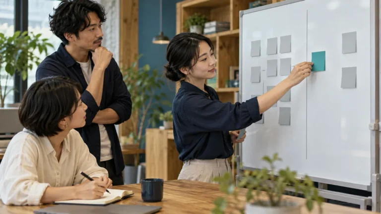 振り返りで出た案から次に試す改善を選ぶチームのイメージ
