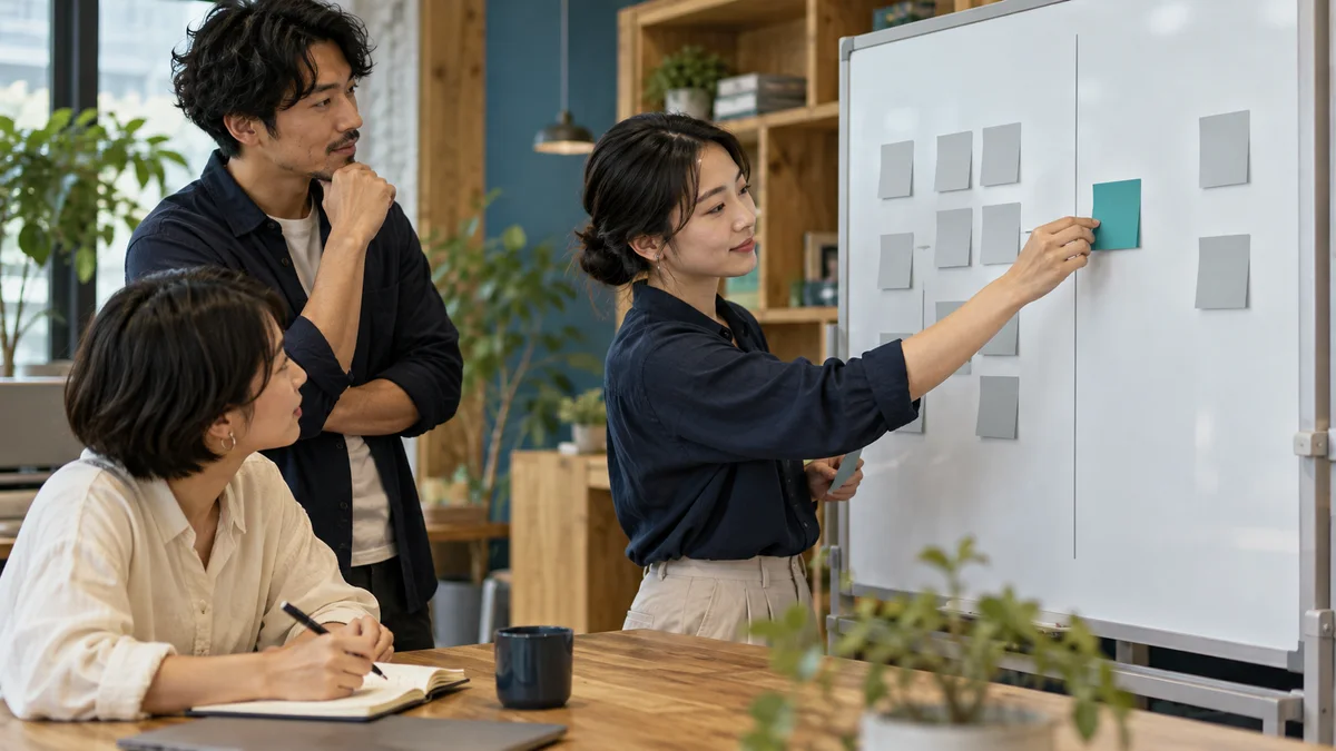 振り返りで出た案から次に試す改善を選ぶチームのイメージ
