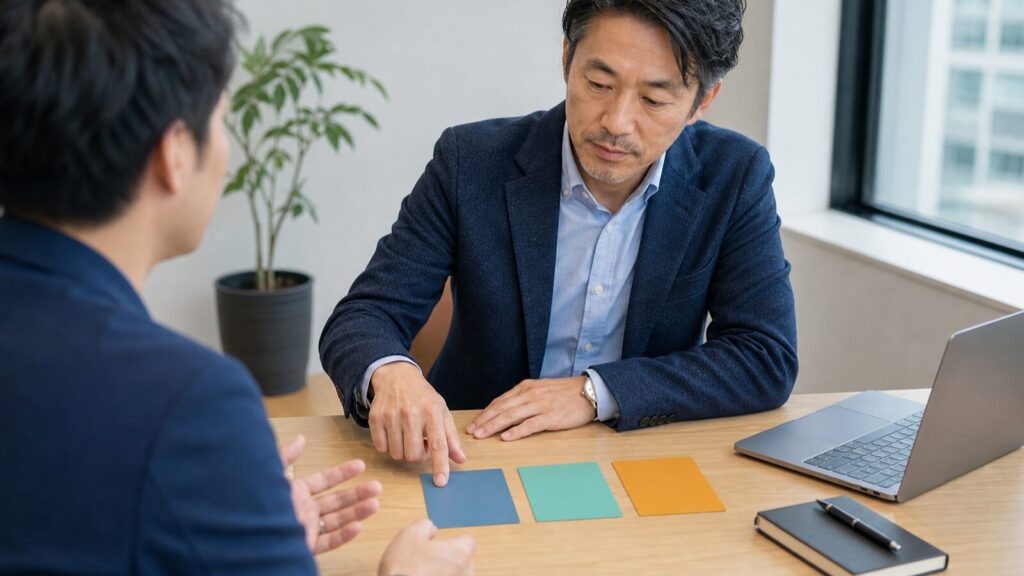 マネージャーに必要な3つのスキルをカードで整理するミドル世代