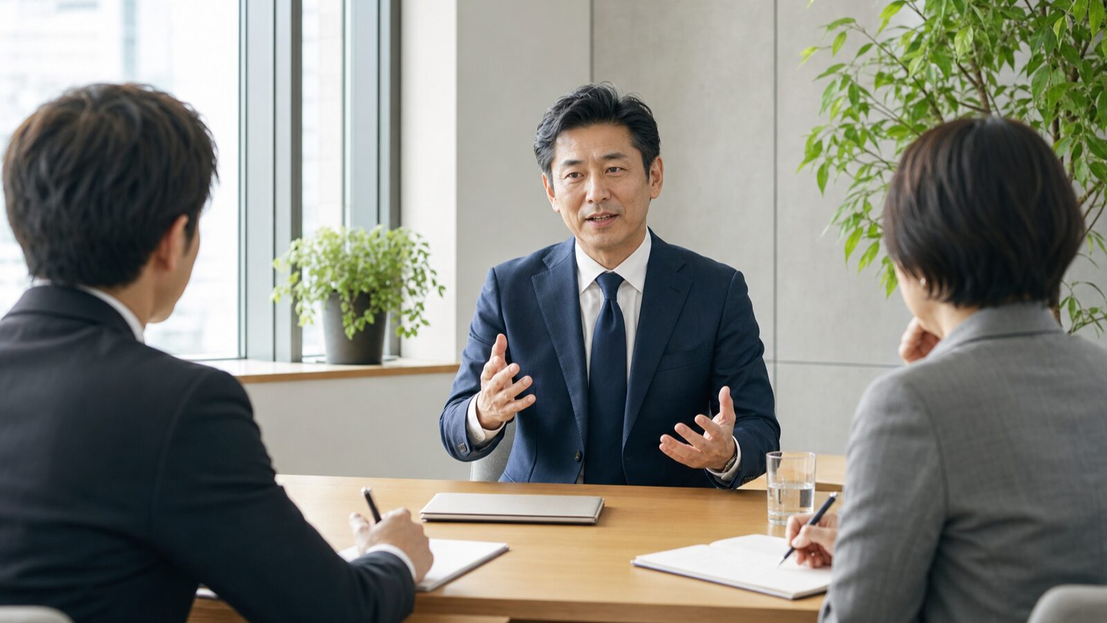 管理職の転職面接で自身の実績と判断を説明するビジネスパーソン