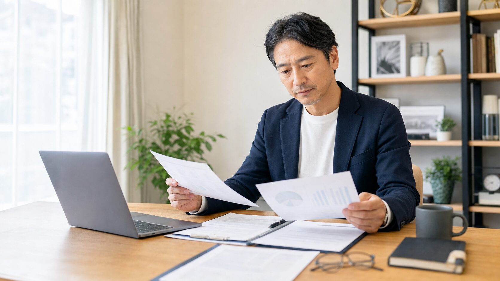 管理職の職務経歴書に記載する実績を整理するビジネスパーソン