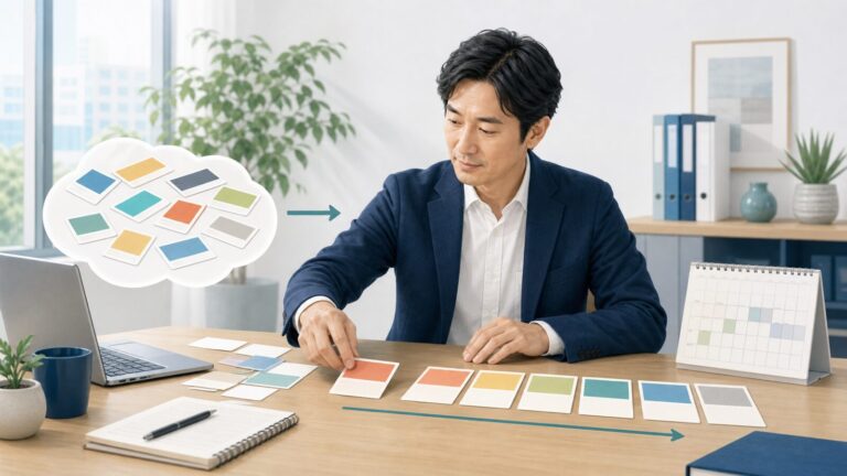 複数の仕事を並べて優先順位を整理するビジネスパーソン